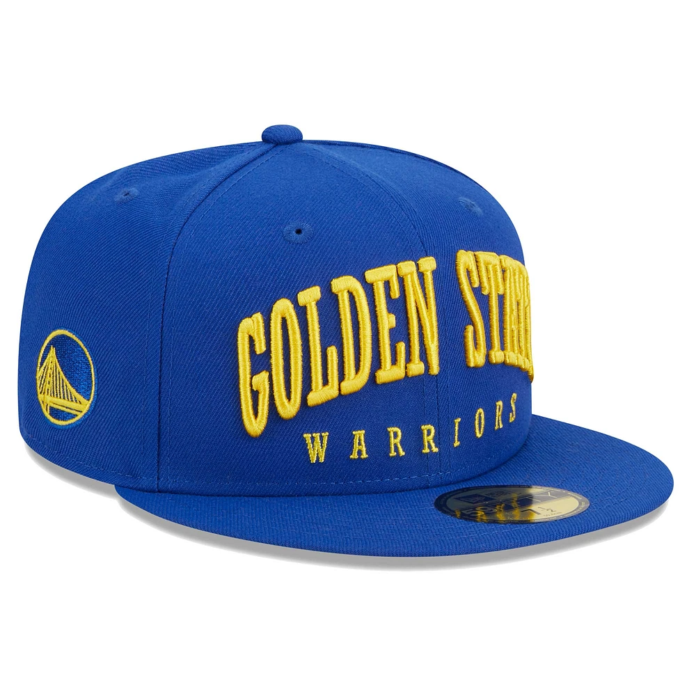 Men's New Era Royal Golden State Warriors Big Arch Text 59FIFTY Fitted Hat