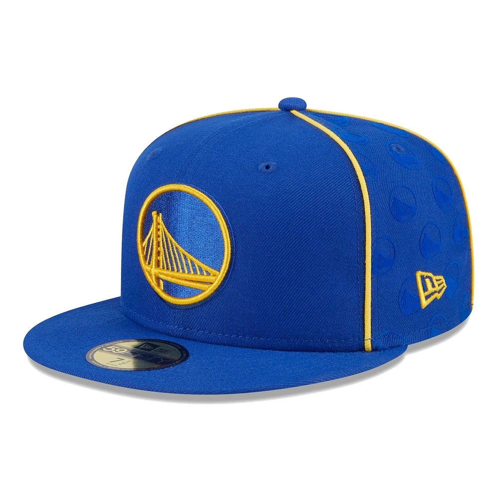 Men's New Era Royal Golden State Warriors Piped & Flocked 59Fifty Fitted Hat