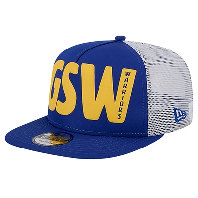 Casquette de camionneur Snapback 9FIFTY Royal Golden State Warriors Puff Print Team Code A-Frame New Era pour homme