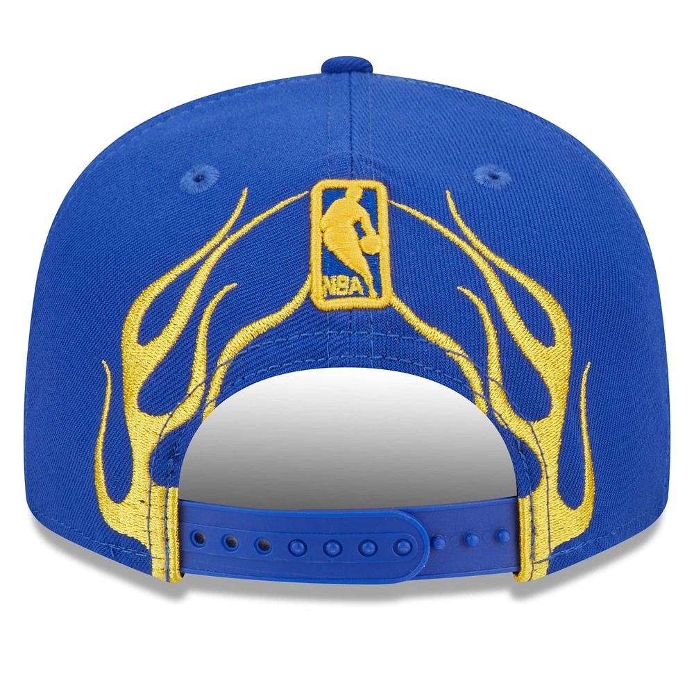 Men's New Era Royal Golden State Warriors  Rally Drive Flames 9FIFTY Snapback Hat