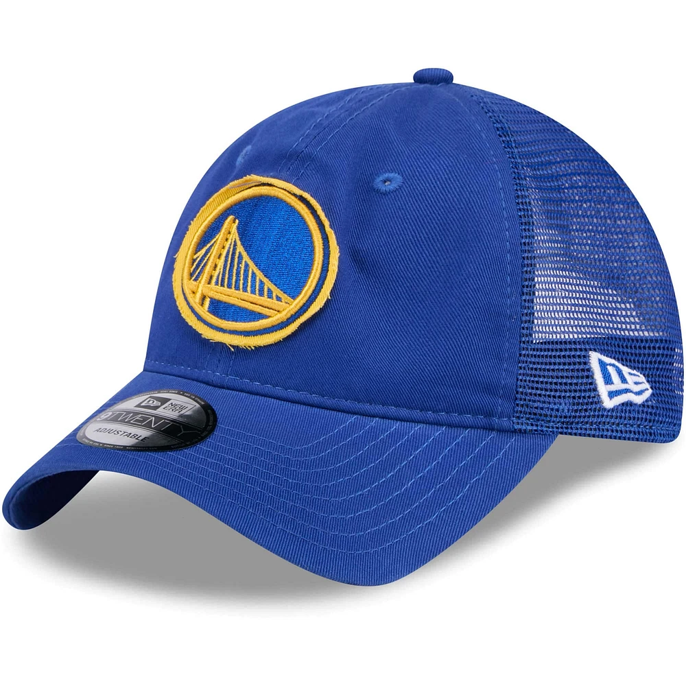 Men's New Era Royal Golden State Warriors Rough Edge Logo Trucker 9TWENTY Adjustable Hat