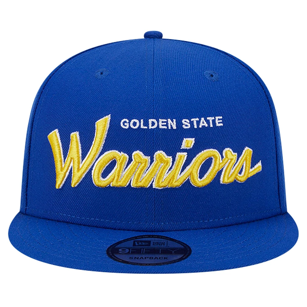 Men's New Era Royal Golden State Warriors Script Side Patch 9FIFTY Snapback Hat