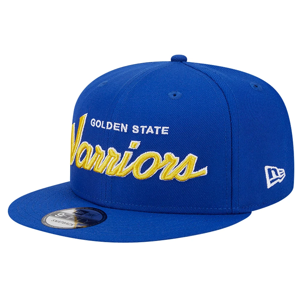 Men's New Era Royal Golden State Warriors Script Side Patch 9FIFTY Snapback Hat