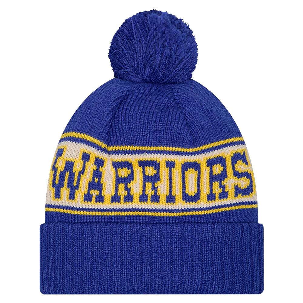 Men's New Era Royal Golden State Warriors Throwback Retro Cuffed Knit Hat with Pom