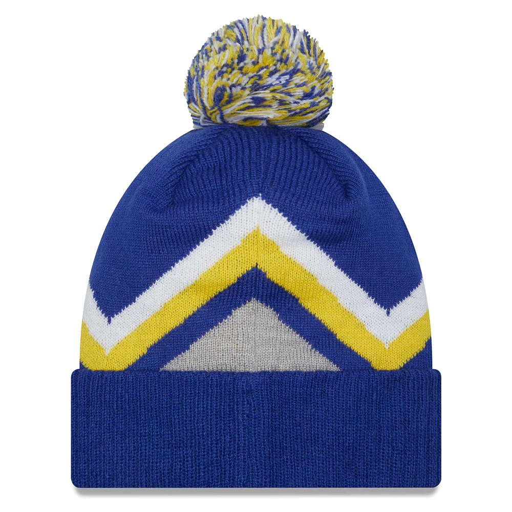 Bonnet en tricot à revers zigzag New Era Royal Golden State Warriors pour hommes avec pompon