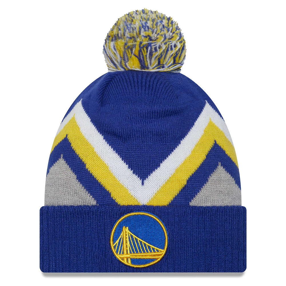 Bonnet en tricot à revers zigzag New Era Royal Golden State Warriors pour hommes avec pompon