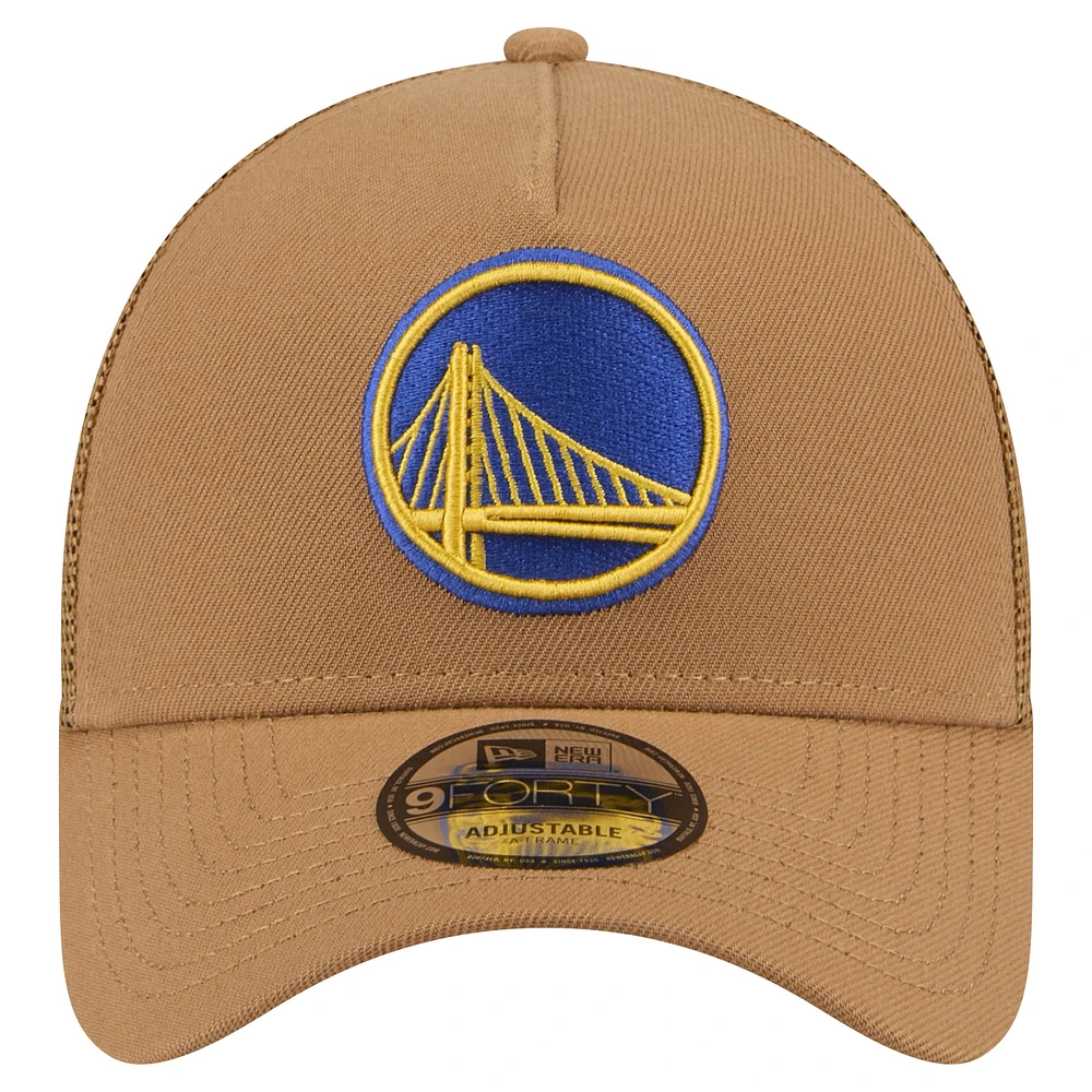 Casquette réglable de camionneur A-Frame 9FORTY New Era pour hommes, beige, Golden State Warriors