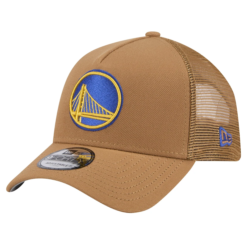 Casquette réglable de camionneur A-Frame 9FORTY New Era pour hommes, beige, Golden State Warriors