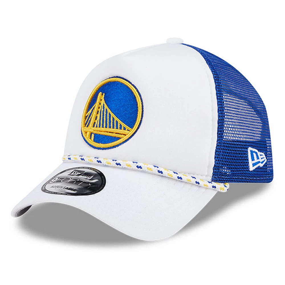 Men's New Era White/Royal Golden State Warriors Court Sport Foam A-Frame 9FORTY Adjustable Trucker Hat