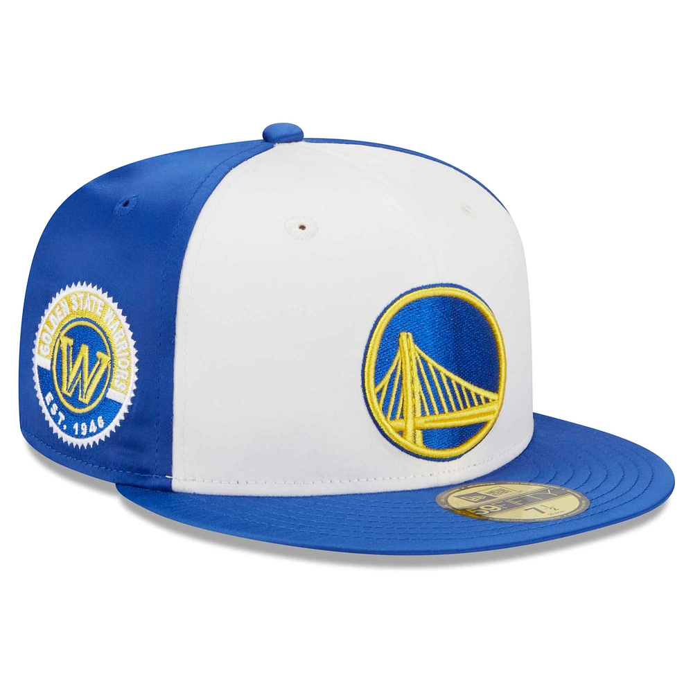 Casquette ajustée 59FIFTY en satin blanc Golden State Warriors New Era pour homme