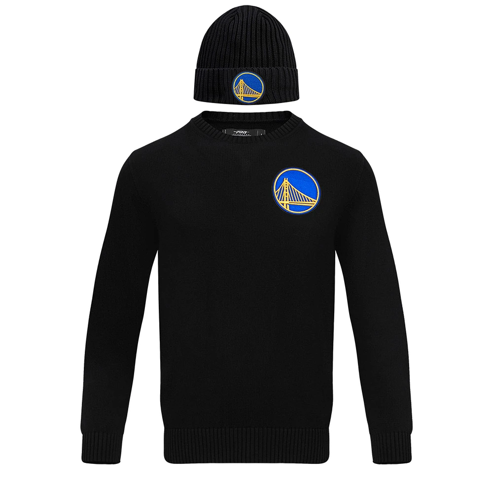 Coffret cadeau pull à col rond et bonnet en tricot revers Pro Standard noir Golden State Warriors pour hommes