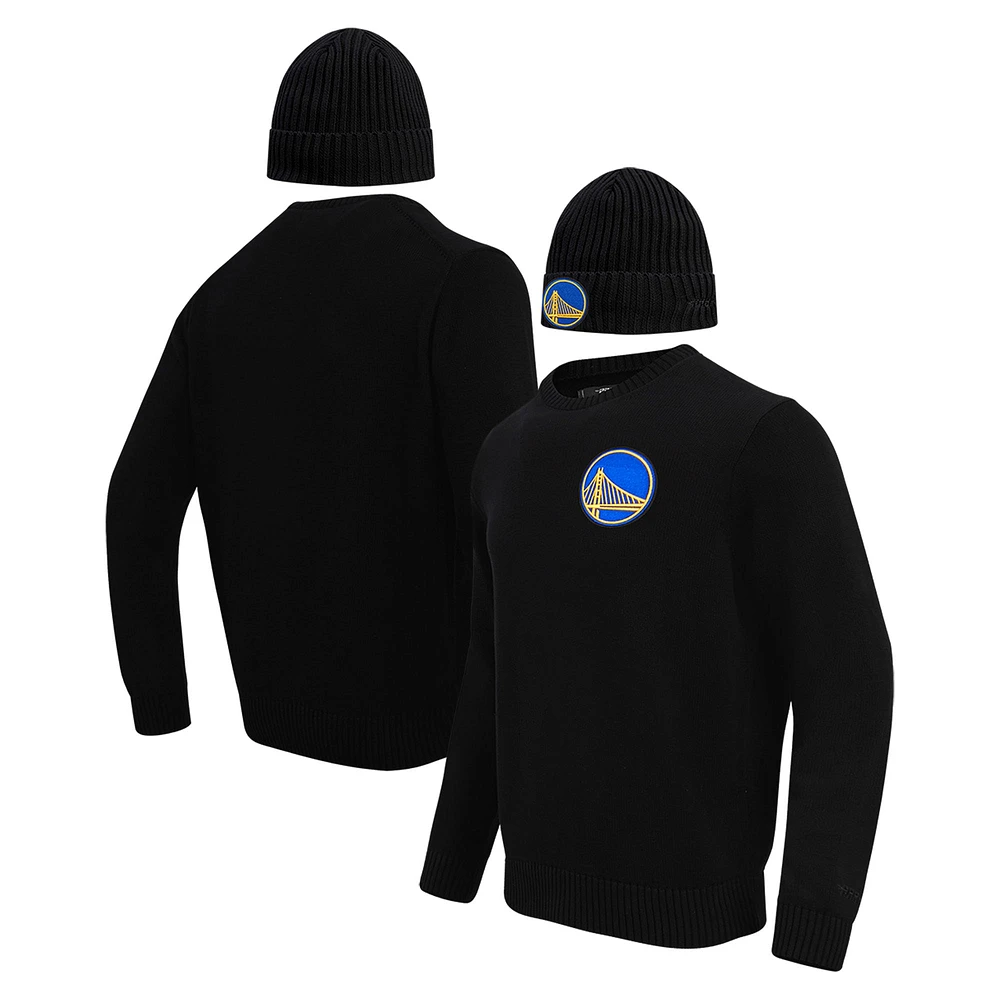 Coffret cadeau pull à col rond et bonnet en tricot revers Pro Standard noir Golden State Warriors pour hommes