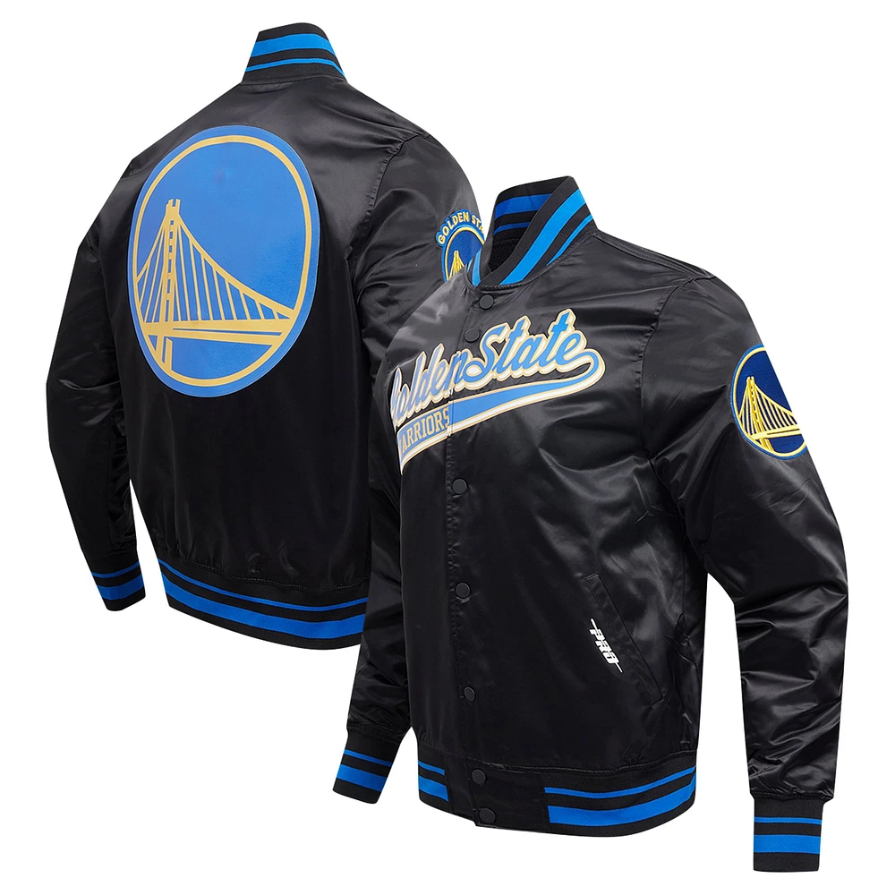 Men's Pro Standard Black Golden State Warriors Script Tail Full-Snap Satin Varsity Jacket