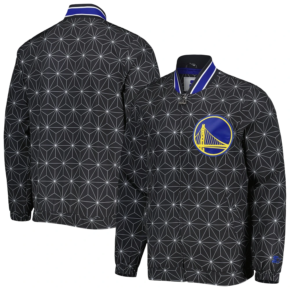 Men's Starter Black Golden State Warriors In-Field Play Fashion Satin Full-Zip Varsity Jacket