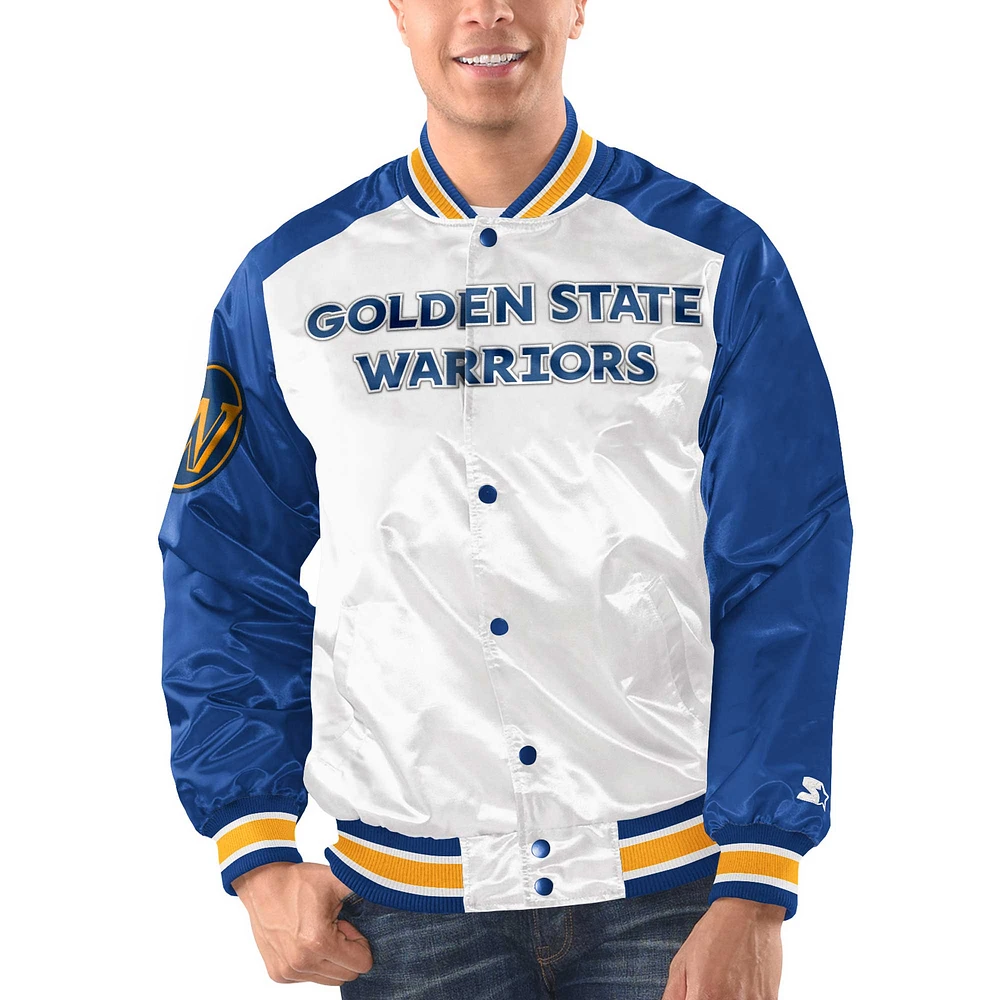 Veste universitaire à bouton-pression en satin Renegade Starter White/Royal Golden State Warriors pour hommes