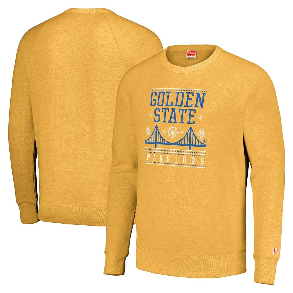 Sweat-shirt unisexe Hommage Gold Golden State Warriors Holiday Tri-Blend Raglan