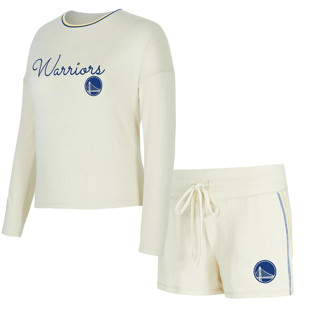 Women's Concepts Sport Cream Golden State Warriors Kaki Hacci Knit Long Sleeve T-Shirt & Shorts Set