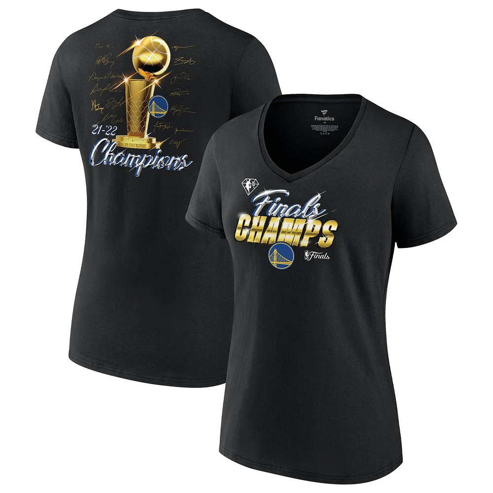 T-shirt noir à col en V signature Fanatics pour femmes des Golden State Warriors 2022 NBA Finals Champions Forward Roster