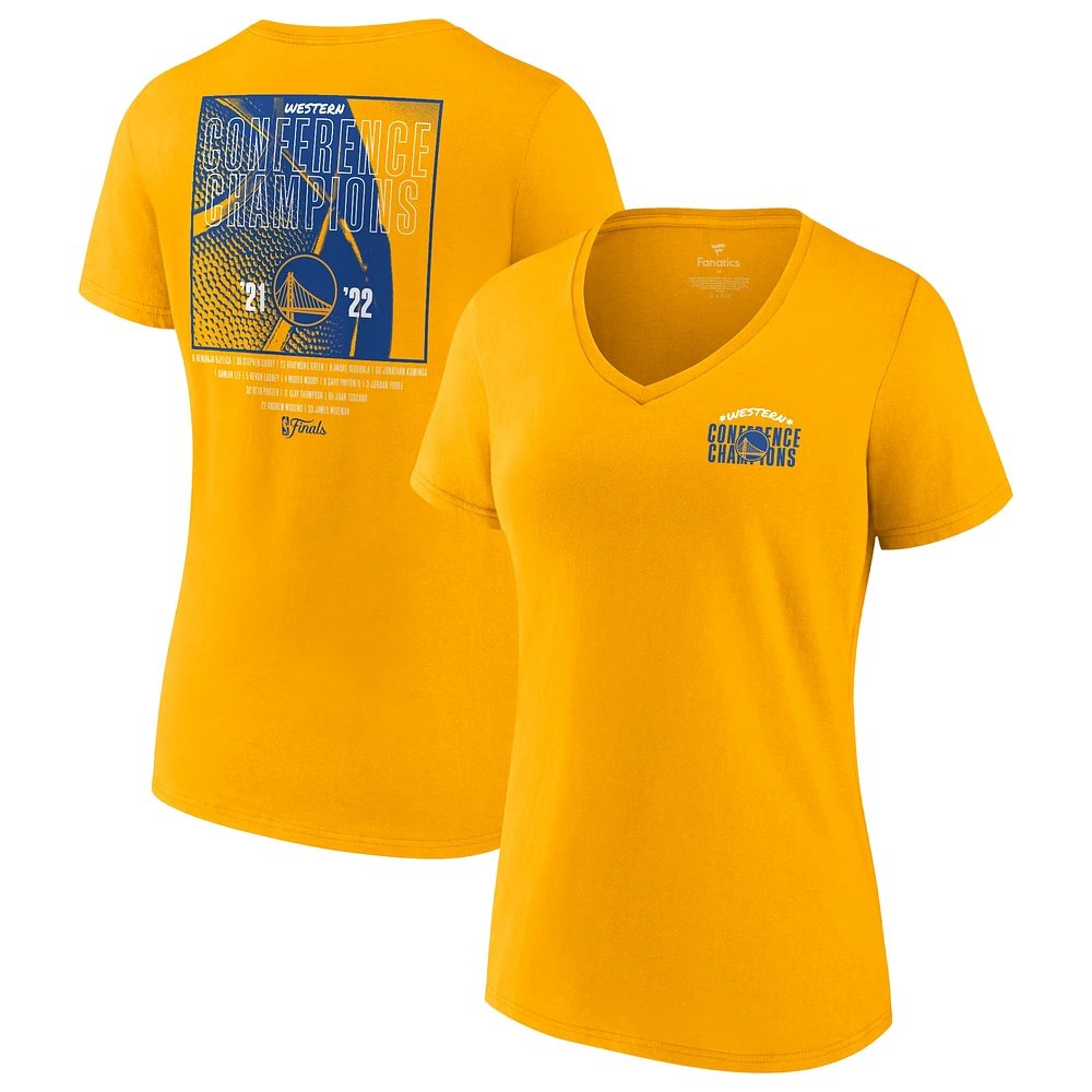 Fanatics Gold Golden State Warriors 2022 Champions de la Conférence Ouest Balanced Attack Roster T-shirt à col en V pour femmes