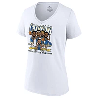 T-shirt blanc à col en V Fanatics pour femmes des Golden State Warriors 2022 NBA Finals Champions Caricature