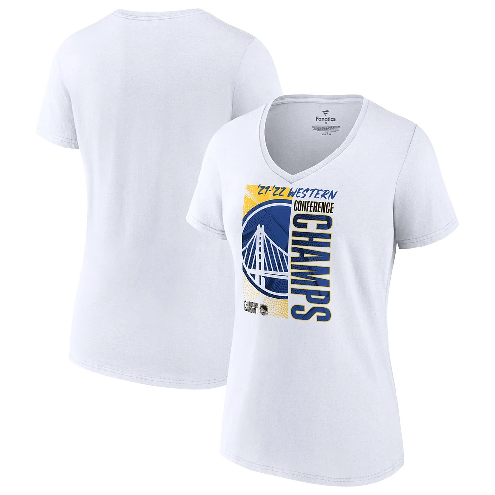 T-shirt blanc à col en V pour femmes Fanatics Golden State Warriors 2022 Champions de la Conférence Ouest Vestiaire