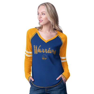 Women's G-III 4Her by Carl Banks Royal/Gold Golden State Warriors Winner Waffle Knit Thermal Long Sleeve Tri-Blend T-Shirt