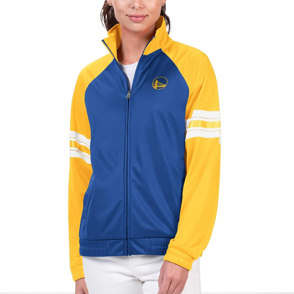 Veste de survêtement entièrement zippée G-III 4Her par Carl Banks Royal Golden State Warriors pour femmes, joueur principal Raglan strass