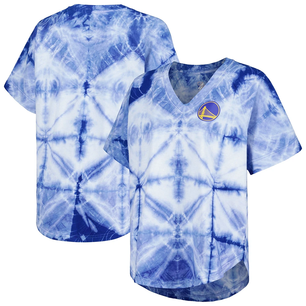 T-shirt surdimensionné à col en V tie-dye raglan G-III 4Her par Carl Banks pour femmes Royal Golden State Warriors Tournament