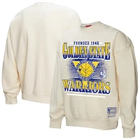 Women's Mitchell & Ness Cream Golden State Warriors Oversprayed Pullover Sweatshirt