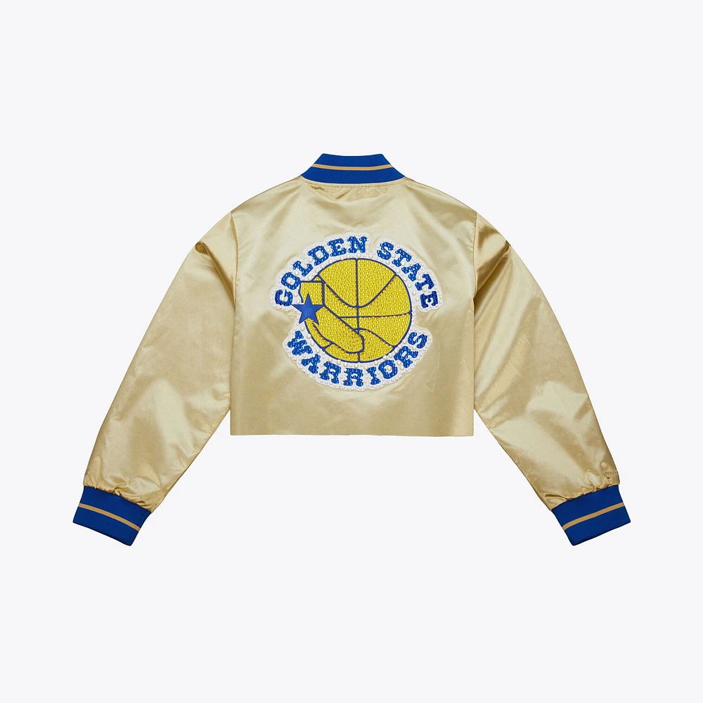 Women's Mitchell & Ness x DANNIJO Gold Golden State Warriors Cropped Satin Full-Snap Jacket