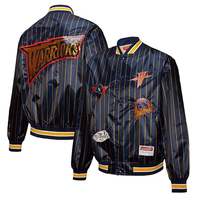Veste en satin bleu marine à boutons-pression pour femme Mitchell & Ness x DANNIJO des Golden State Warriors