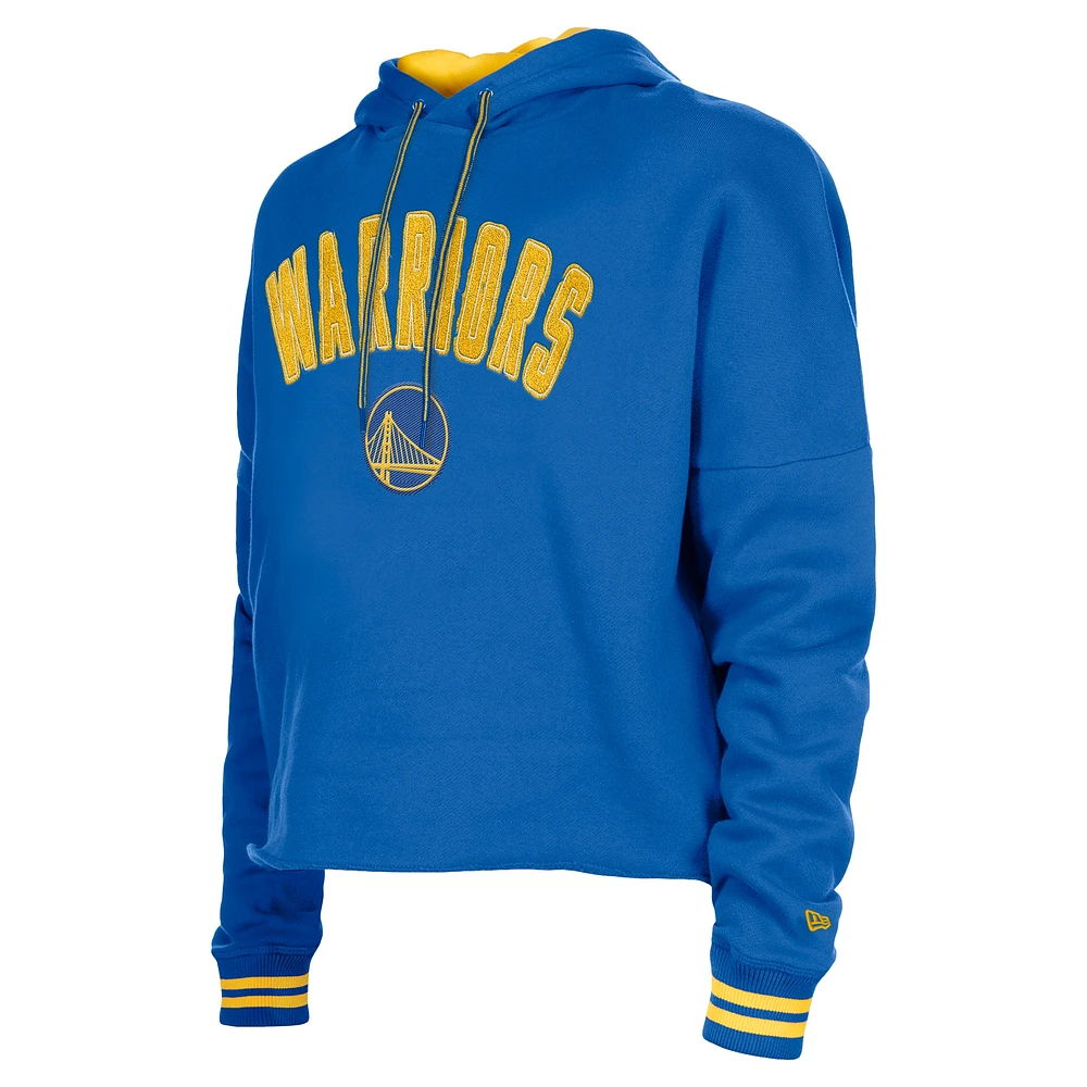 Women's New Era  Royal Golden State Warriors Boxy Raw Edge Pullover Hoodie