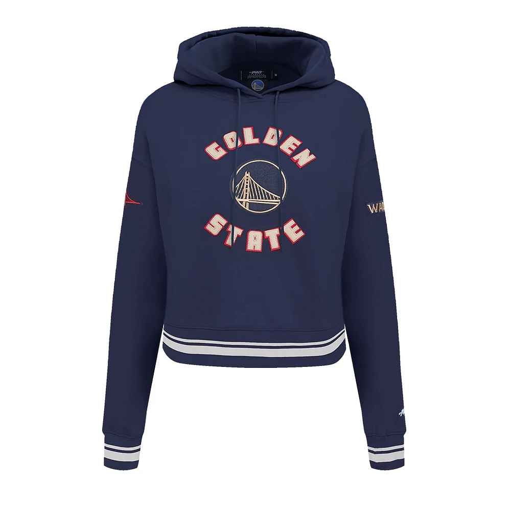 Women's Pro Standard Navy Golden State Warriors 2024/25 City Edition Chenille Applique Cropped Pullover Hoodie