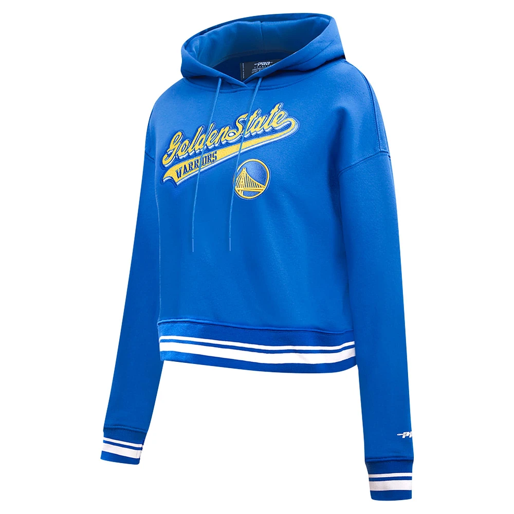 Women's Pro Standard Royal Golden State Warriors Script Tail Cropped Pullover Hoodie