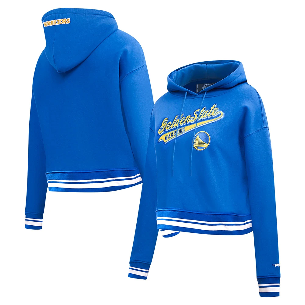 Women's Pro Standard Royal Golden State Warriors Script Tail Cropped Pullover Hoodie