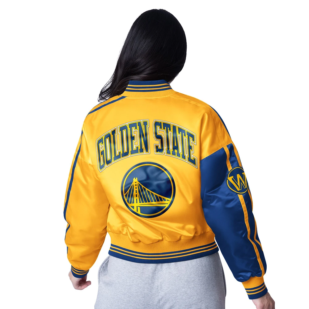 Women's Starter  Gold/Royal Golden State Warriors Zone Blitz Cropped Full-Snap Satin Jacket