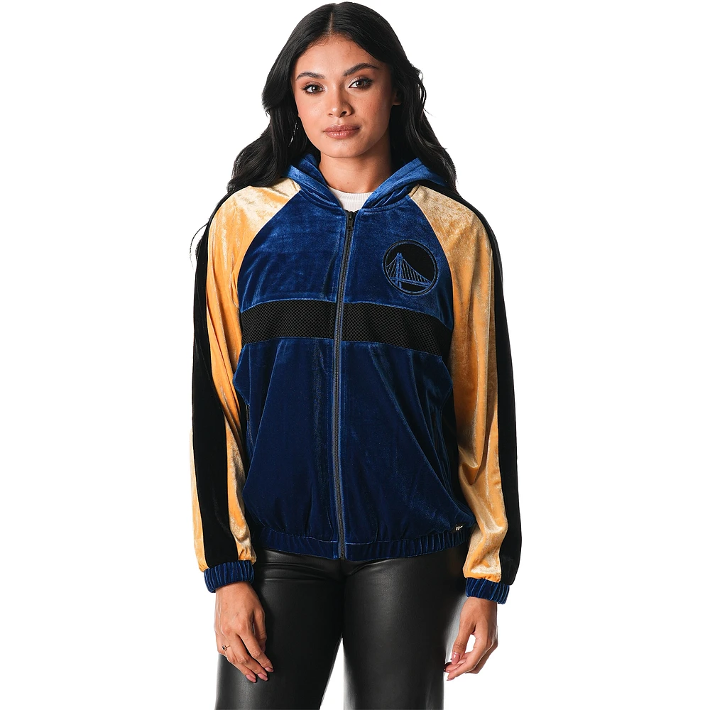 Veste de survêtement zippée en velours bleu Golden State Warriors The Wild Collective pour femme