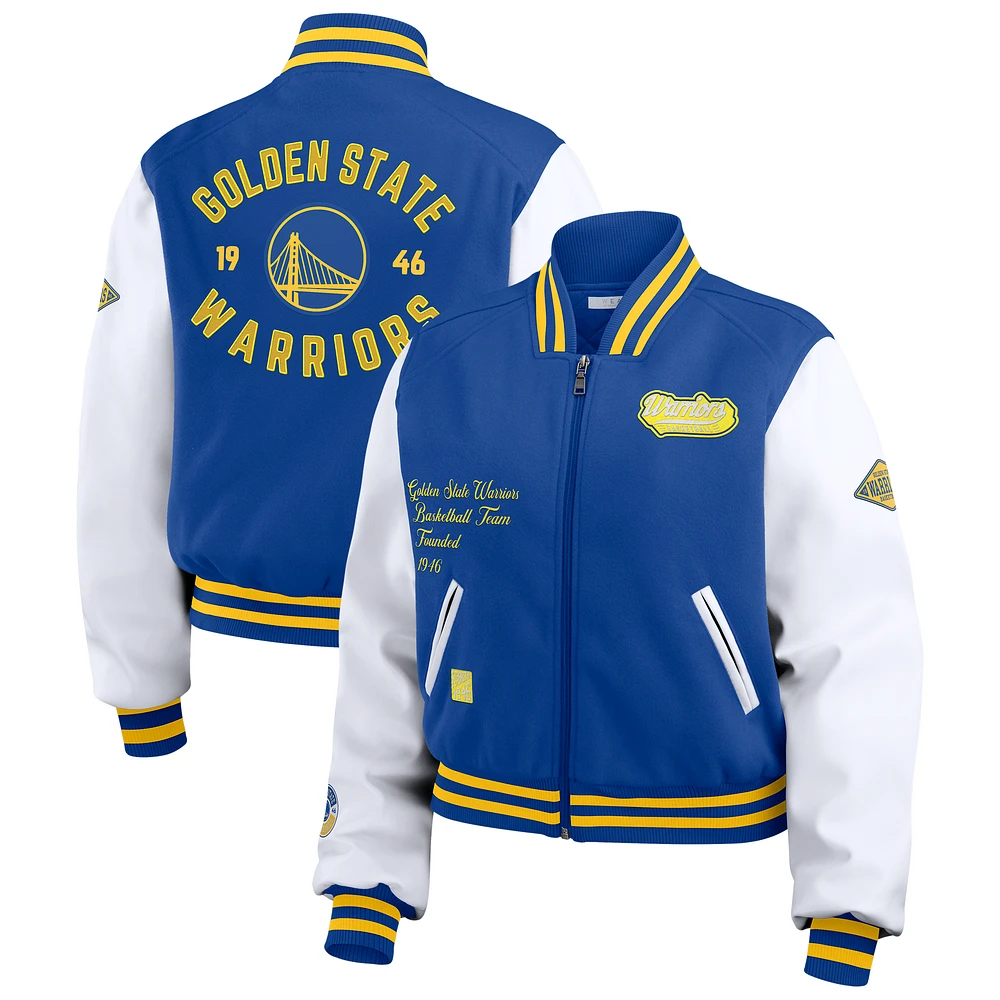 Women's WEAR by Erin Andrews Royal/White Golden State Warriors Cropped Varsity Full-Zip Jacket