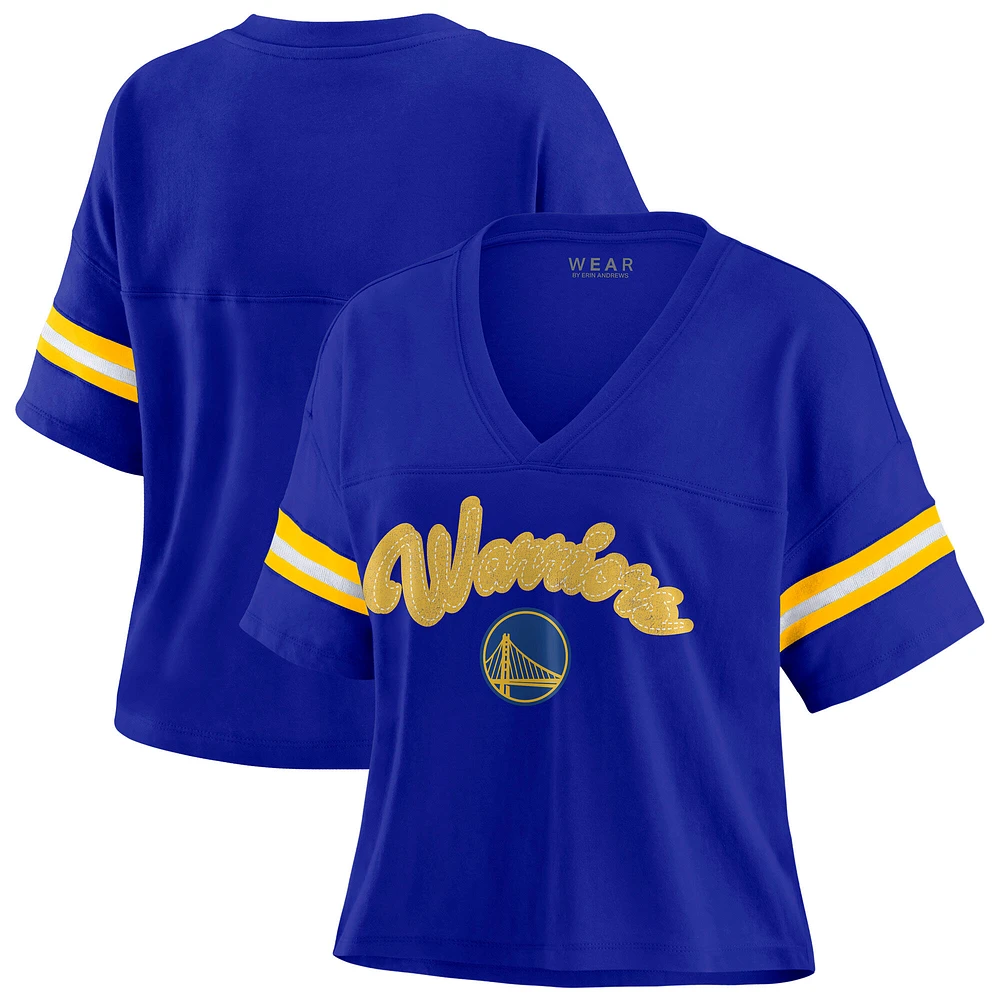 T-shirt à col en V blocs de couleurs Royal Golden State Warriors pour femme WEAR by Erin Andrews