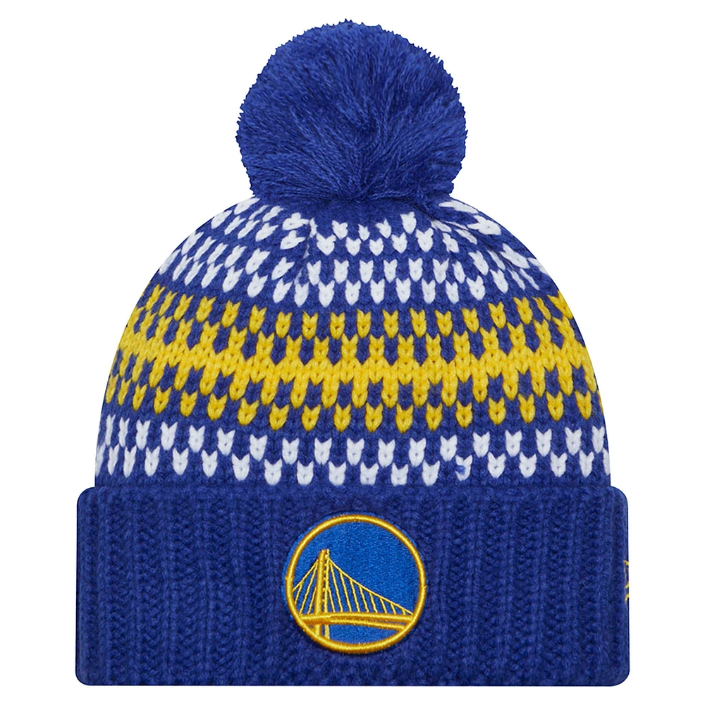 Bonnet en tricot confortable à revers New Era Royal Golden State Warriors pour jeune avec pompon