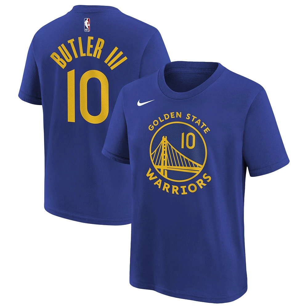 T-shirt Nike Jimmy Butler III Royal Golden State Warriors Icon Edition avec nom et numéro pour jeune