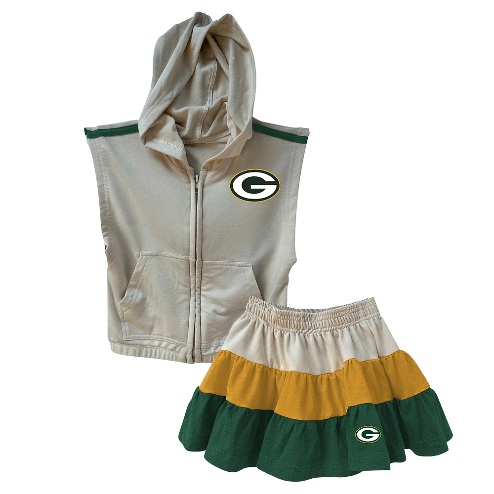 Girls Toddler Wes & Willy Gold/Green Green Bay Packers Sleeveless Full-Zip Hoodie Three Tier Skirt Set