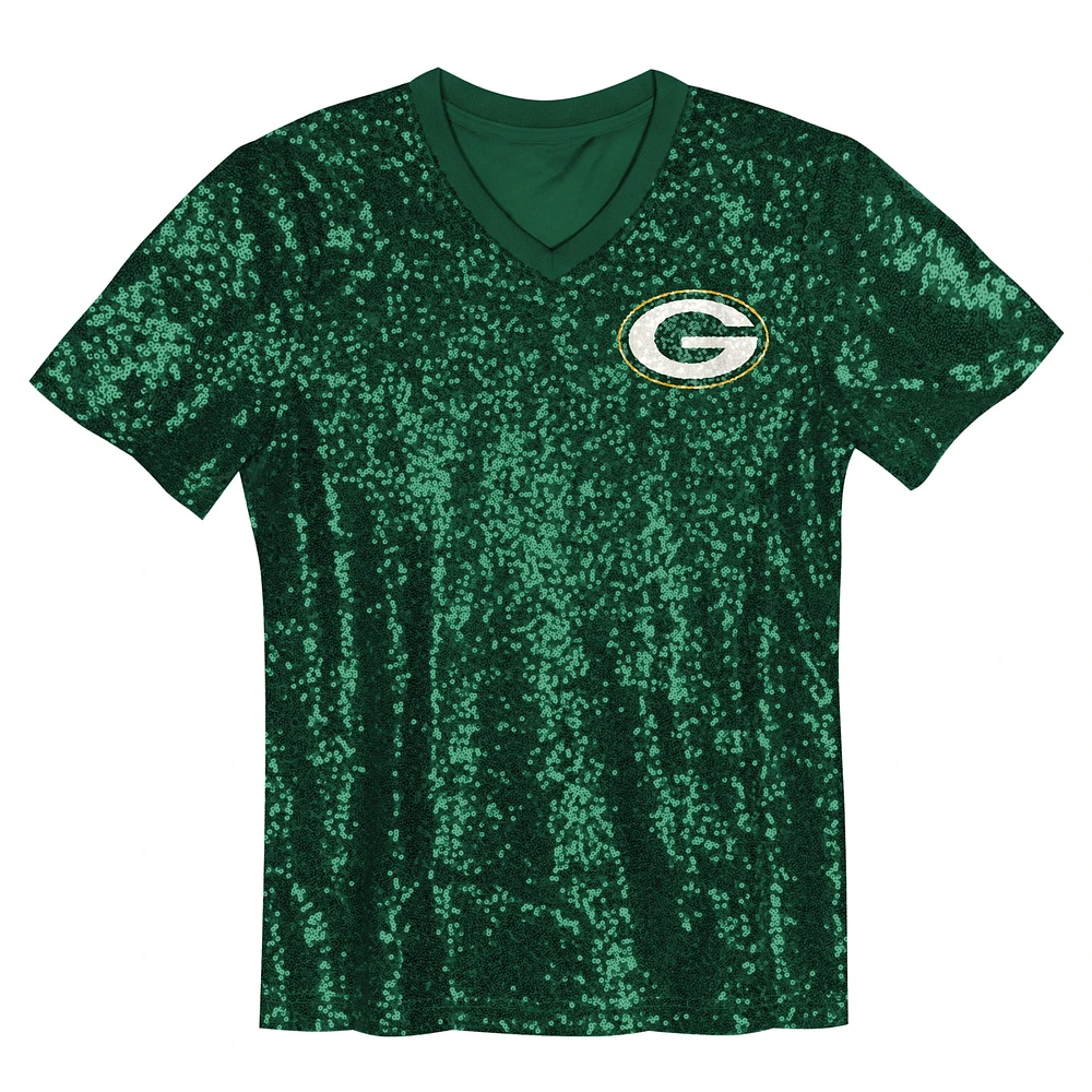 Girls Youth Green Bay Packers Wordmark Sequin V-Neck Top