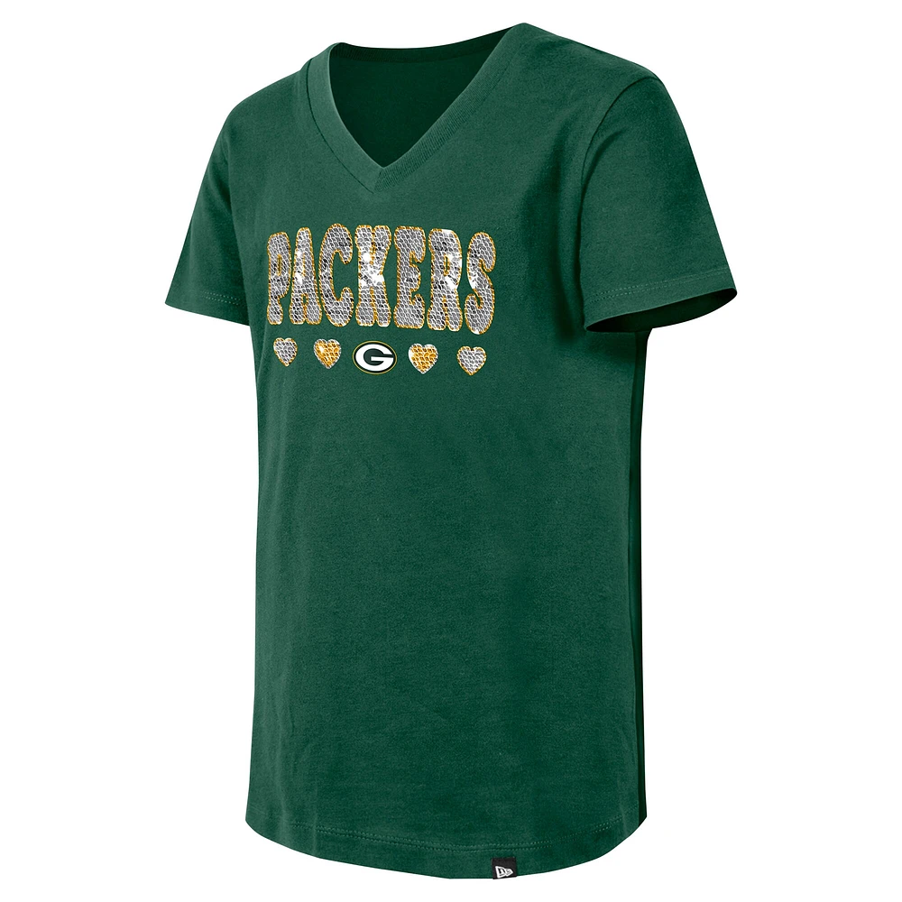 T-shirt à col en V paillettes pour filles New Era Green Bay Packers