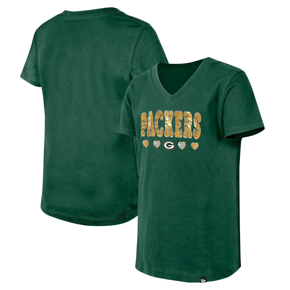 T-shirt à col en V paillettes pour filles New Era Green Bay Packers