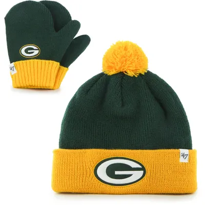 Green Bay Packers '47 Infant Bam Bam Cuffed Knit Hat With Pom and Mittens Set - Green/Gold
