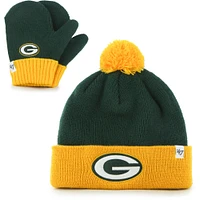 Bonnet en tricot à revers Bam Bam pour bébé '47 vert/doré Green Bay Packers avec pompon et ensemble de mitaines