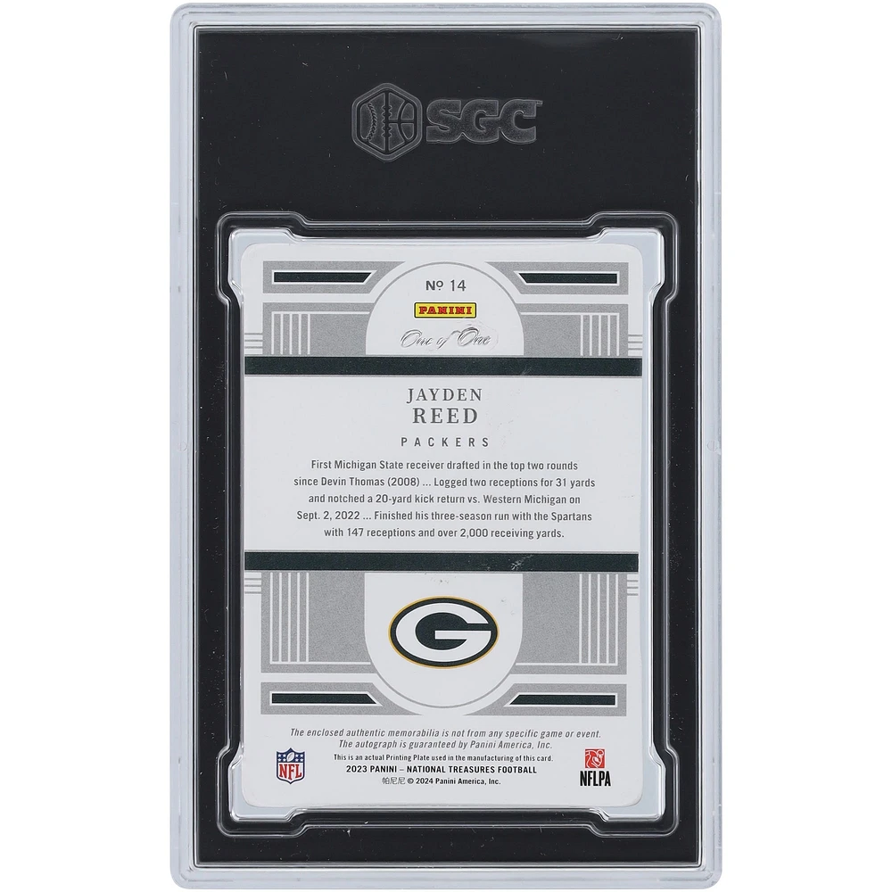 Jayden Reed Green Bay Packers Autographed 2023 Panini National Treasures Magenta Printing Plate NFL Shield RPA #14 #1/1 SGC Authenticated Auth/10 Rookie Card