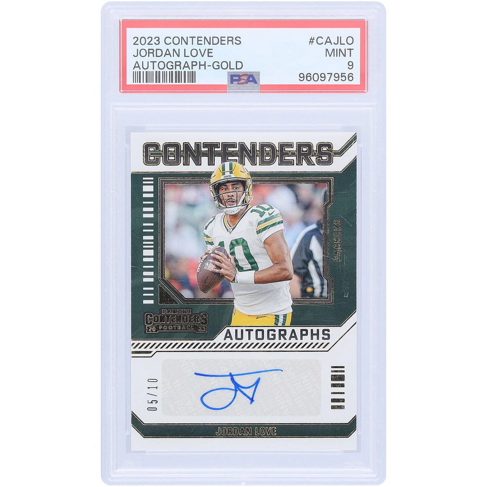 Carte Panini Contenders Gold 2023 autographiée par Jordan Love des Green Bay Packers #CA-JLO #5/10 PSA authentifiée 9