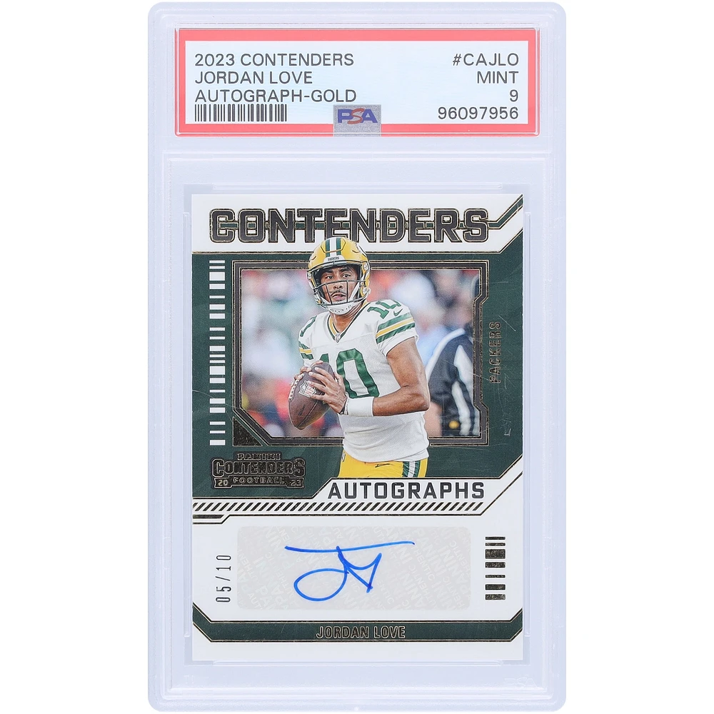 Carte Panini Contenders Gold 2023 autographiée par Jordan Love des Green Bay Packers #CA-JLO #5/10 PSA authentifiée 9